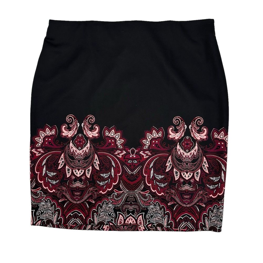 ROZ&ALI Skirt Plus Size 2X Black Red Floral Pull On Pencil Above Knee Casual NWT